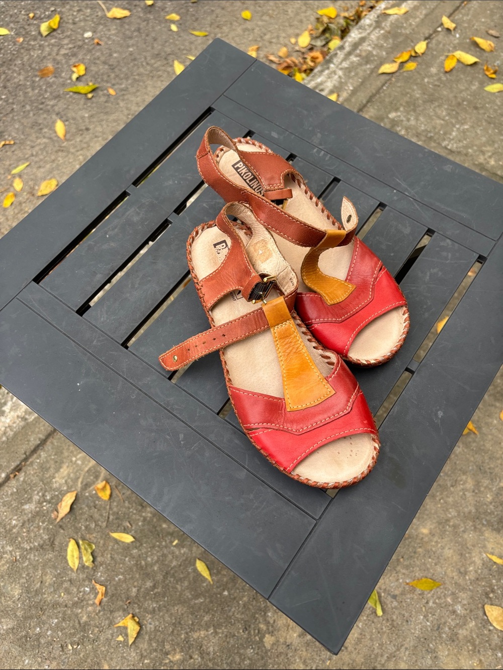 PIKOLINOS Multi-Panel Red, Brown & Yellow Leather Sandals